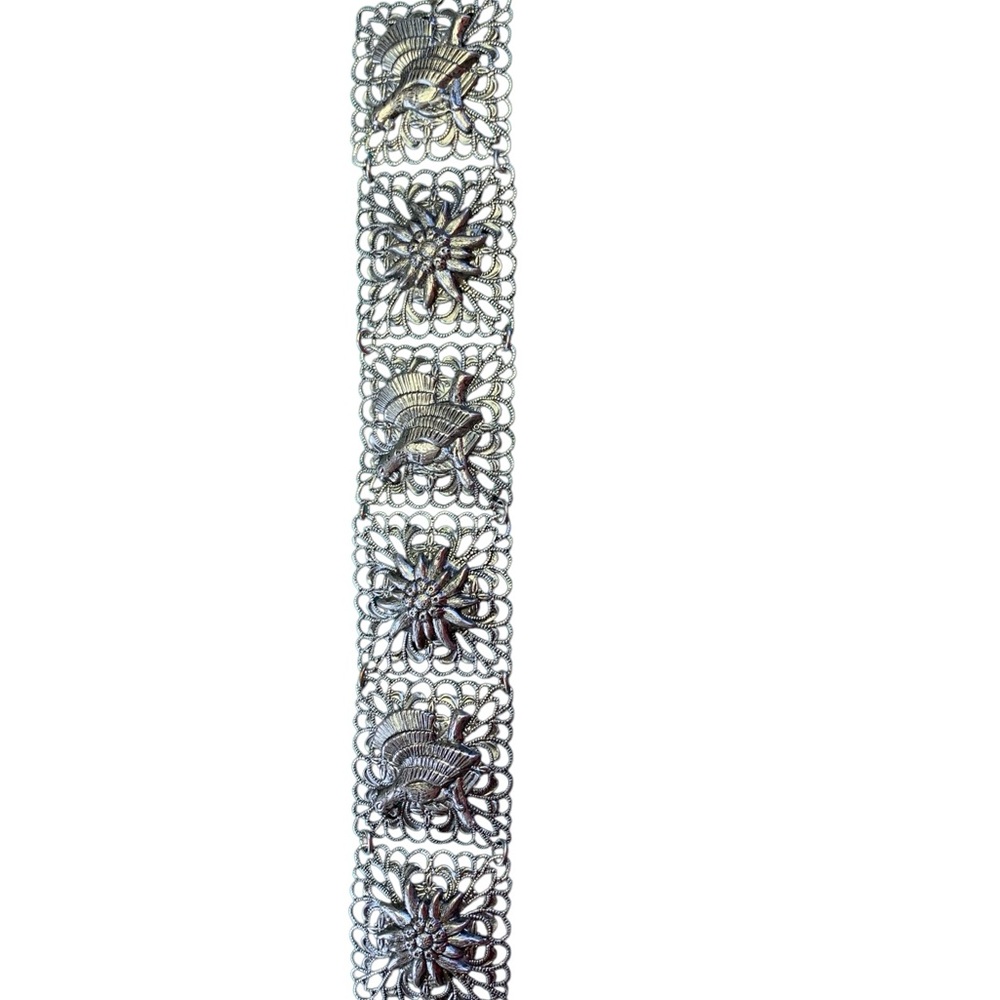 1940’s Vintage Edelweiss Silver Filigree Bracelet with Turkeys and Flowers